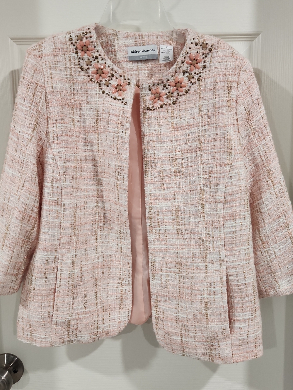 Alfred Dunner Light Pink Tweed Jeweled Collar Jacket